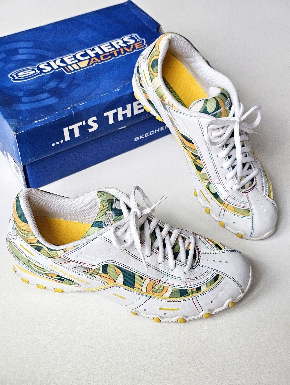 Vintage Y2K Skechers Active Bikers Swirly Sneakers Rainbow Stitch Retro Shoes